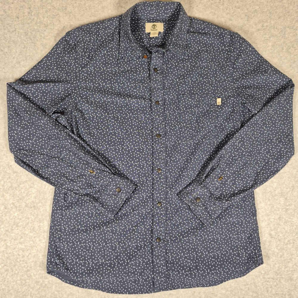 Timberland Button Down Shirt Mens Large Blue Slim Fit Diamond Print